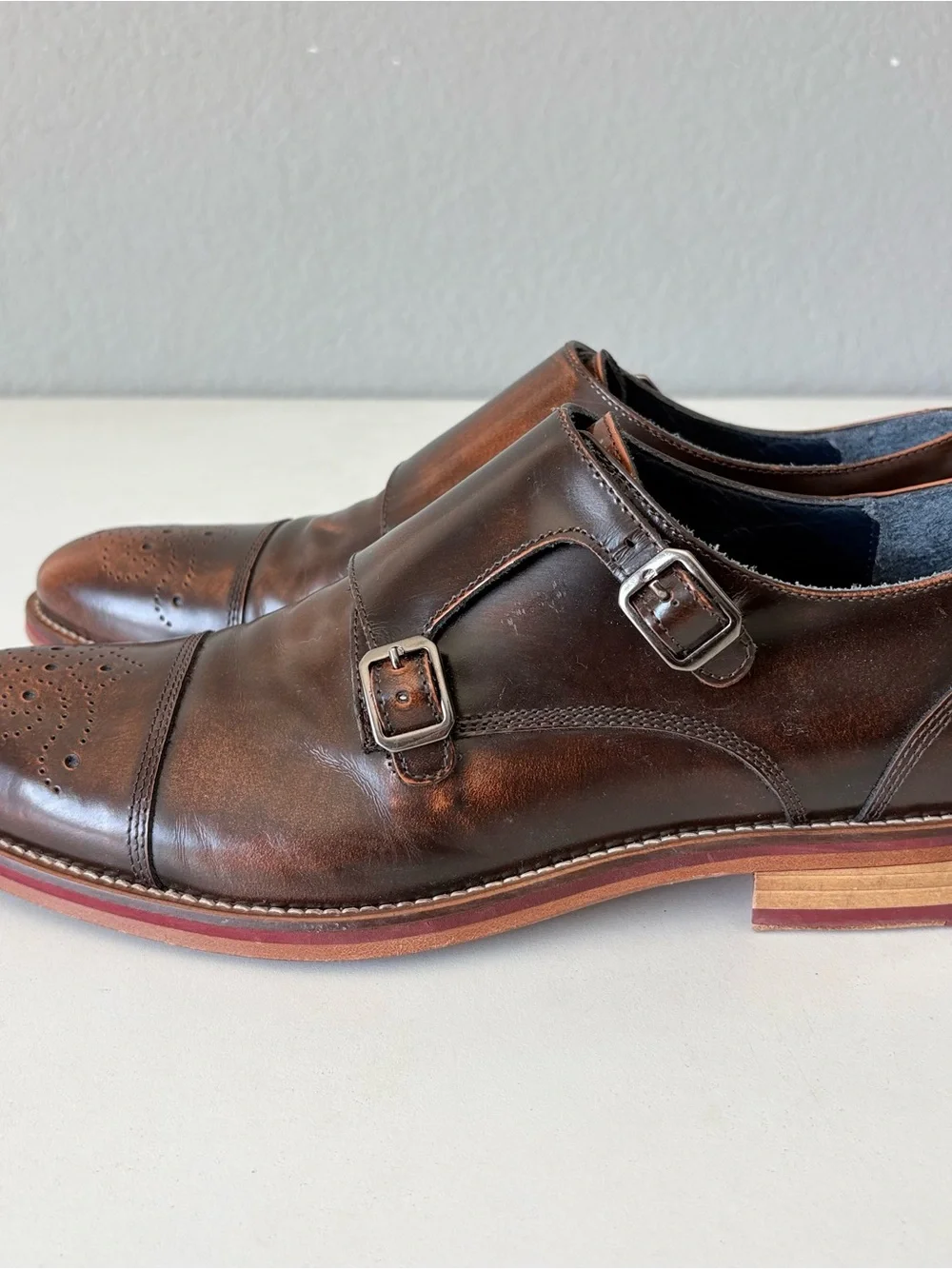Johnston & Murphy Italy Brown Leather Double Monk Cap Toe Dress Shoes Men Sz 8.5